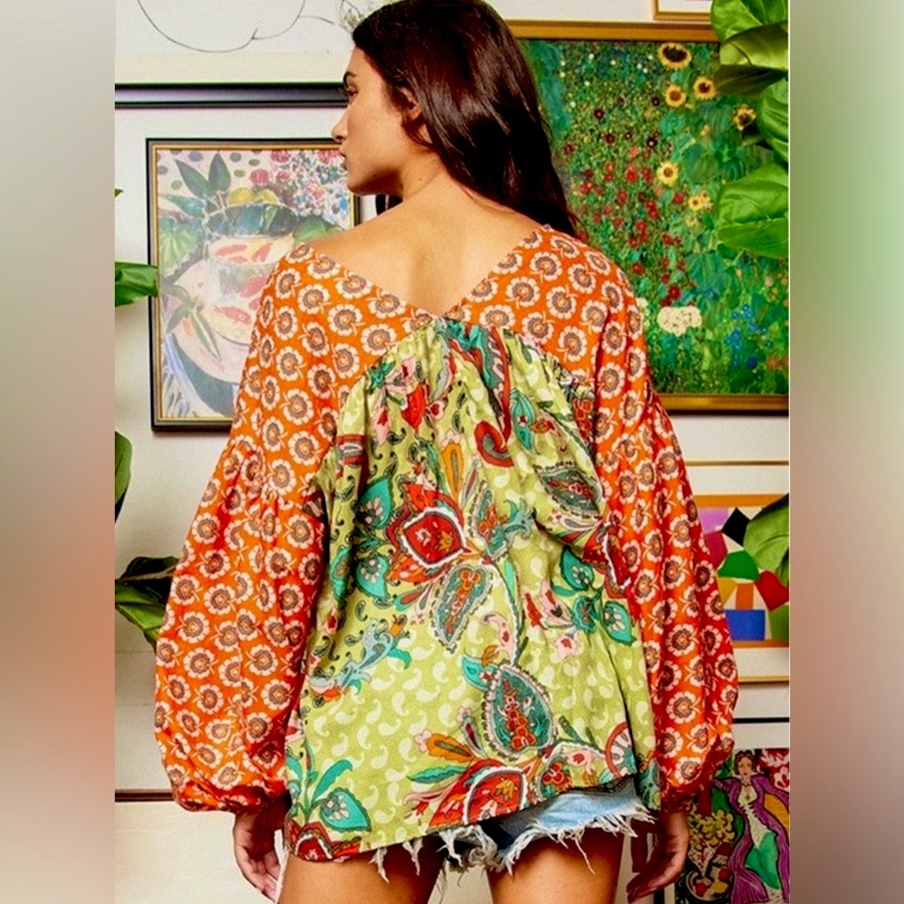 BUCKETLIST Bohemian Vibrant Beautiful Colors Balloon Sleeves Top - Picture 5 of 6